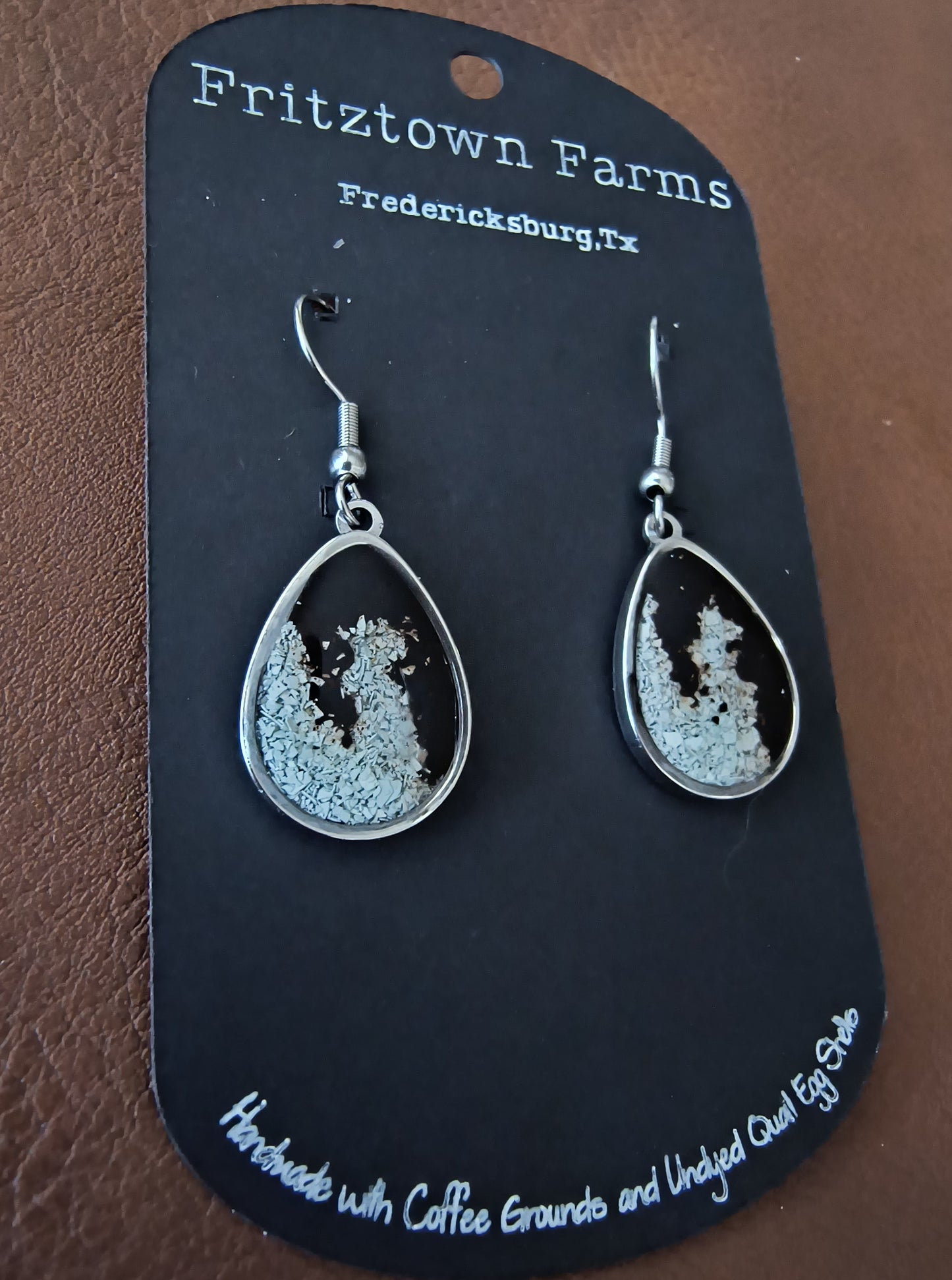 Silver Teardrop with Coffee Bleed and Quail Eggshell Earrings