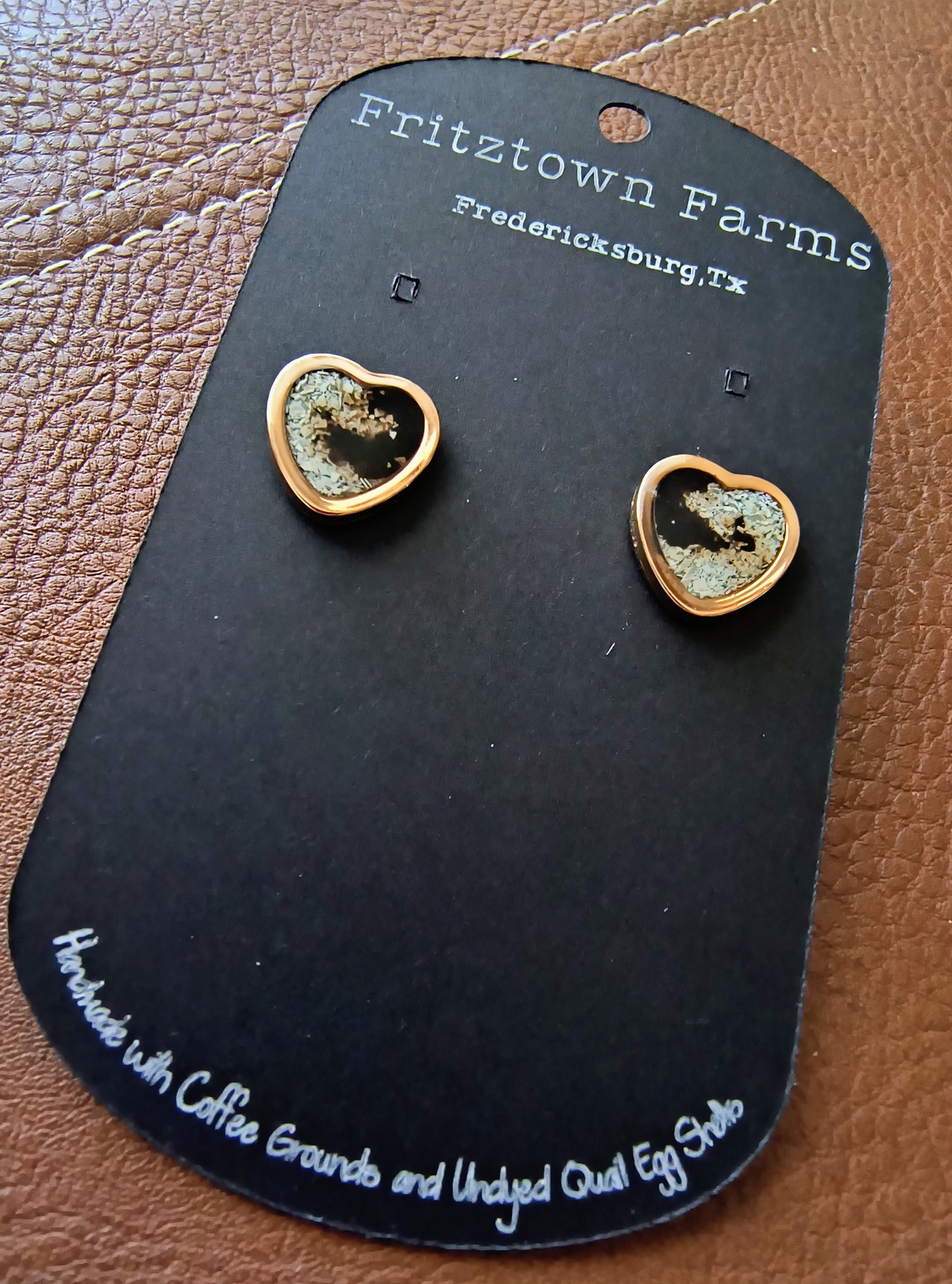 Rose Gold Heart with Coffee Swirl and Quail Eggshell Earrings