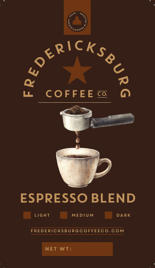Fredericksburg Coffee Co Espresso Blend Label, Light, Medium or Dark Roast Coffee