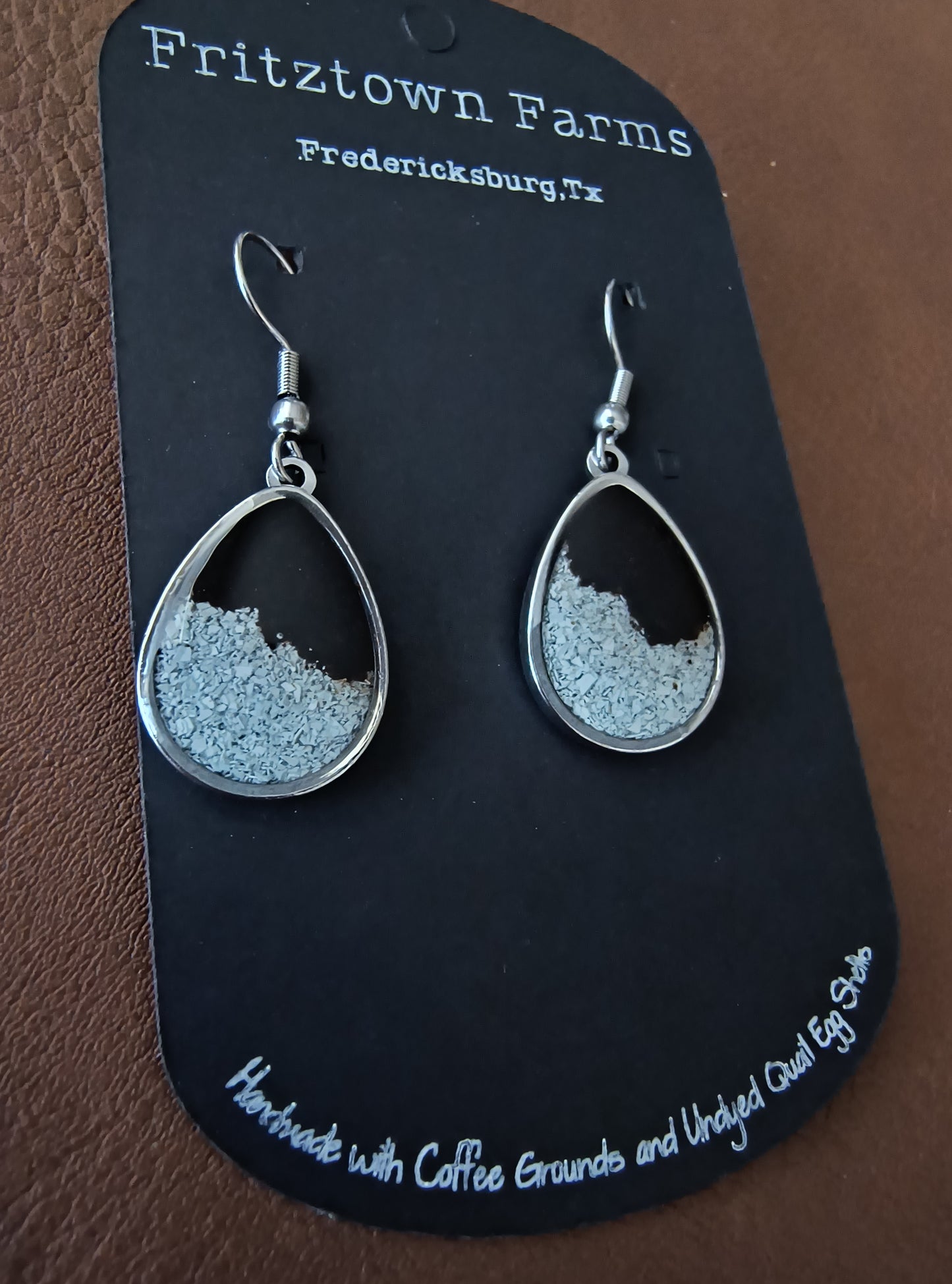 Silver Teardrop with Coffee Top and Quail Eggshell Earrings