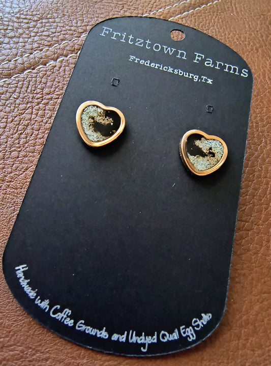 Rose Gold Heart with Coffee Swirl and Quail Eggshell Earrings