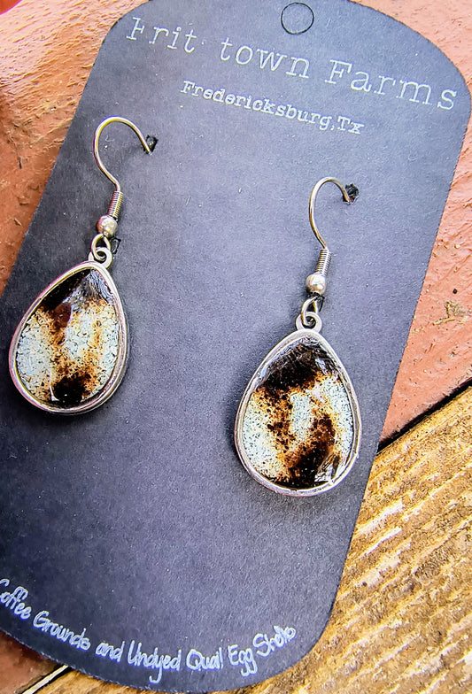 Silver Teardrop with Coffee Bleed and Quail Eggshell Earrings