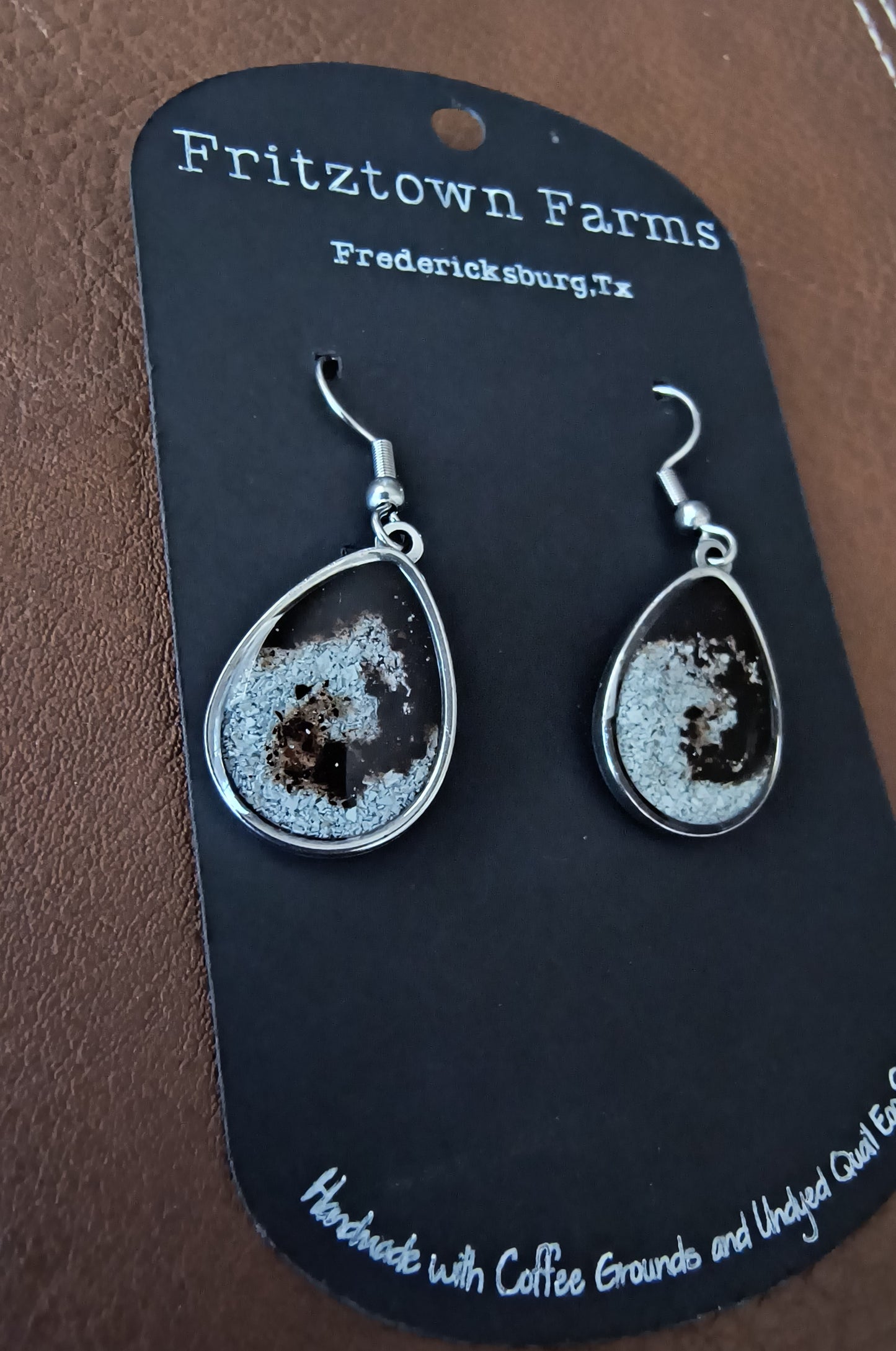 Silver Teardrop with Coffee Swirl and Quail Eggshell Earrings