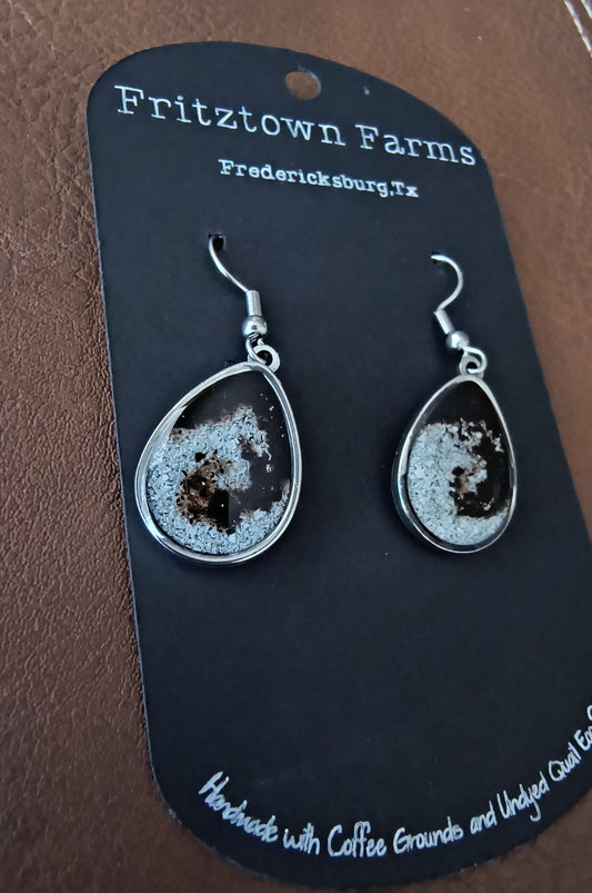 Silver Teardrop with Coffee Swirl and Quail Eggshell Earrings