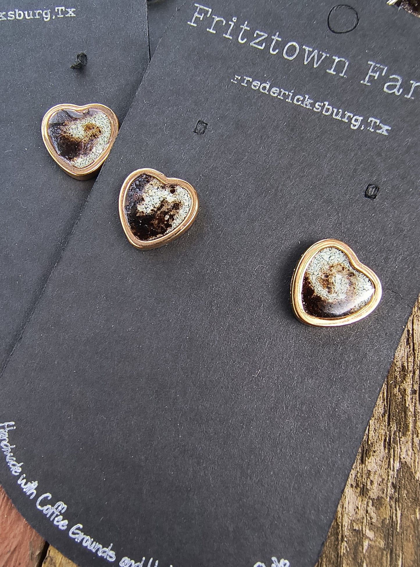 Rose Gold Heart with Coffee Swirl and Quail Eggshell Earrings