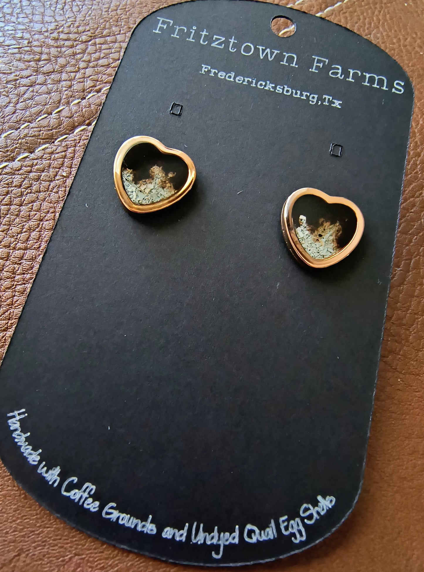 Rose Gold Heart with Coffee Bleed and Quail Eggshell Earrings